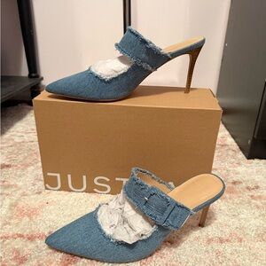 JustFab Blue Denim Pointed Mule Heels with Frayed Strap
